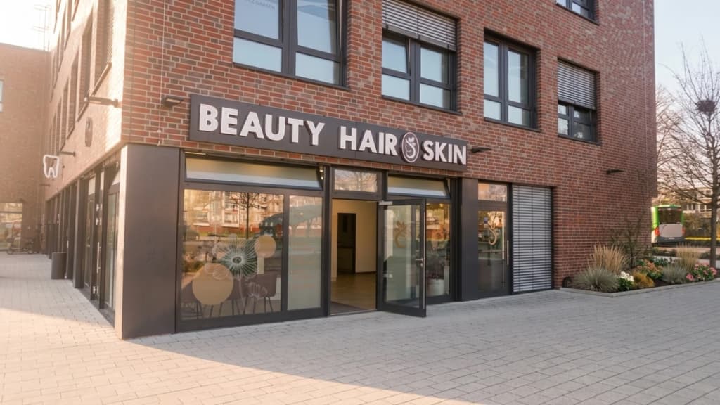 Eingang des Beauty Hair & Skin Salons mit rotem Teppich